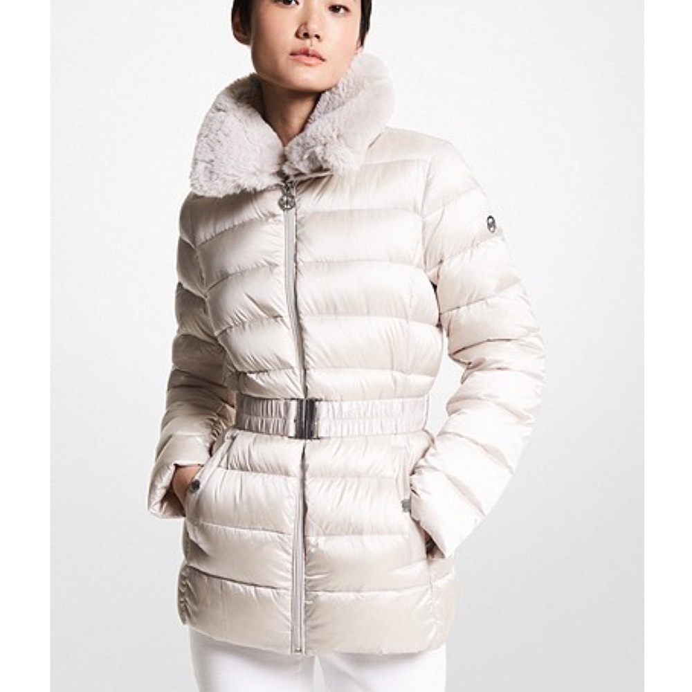 Michael Kors Faux Fur Trim Quilted Nylon Belted Puffer Coat in Large